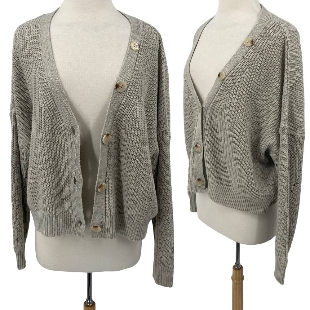 Line & Dot Cardigan Sweater Button Front Rib Knit Pointelle Taupe Womens Large